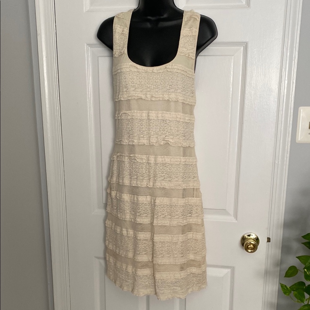 Max Studio Cream Tiered Scoop Neck Midi Dress